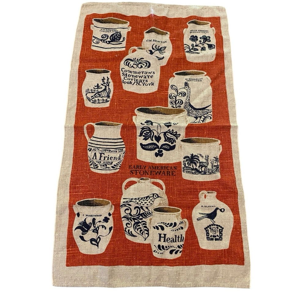 Vintage Early American Stoneware Linen Kitchen Tea Towel Rust Orange Jars Crocks